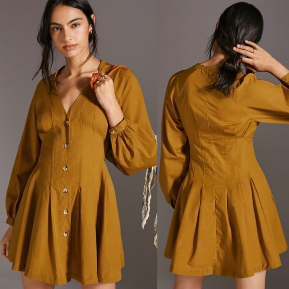 Anthropologie Dresses & Skirts - Anthropologie Puff Sleeved Shirtdress Button Front Pleated Corset Mini Dress